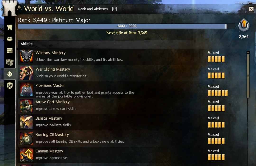 Warclaw Mastery를 포함한 WvW 월드 능력 목록