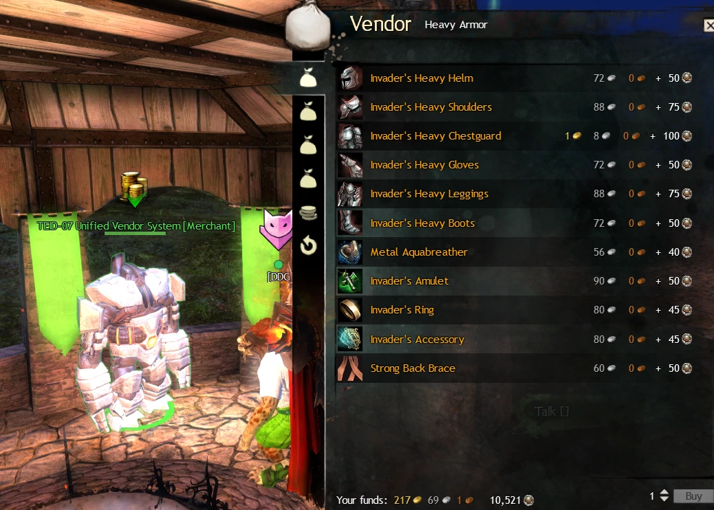 TEID-07 Unified Vendor System의 Invader 장비 목록과 금화·Badges of Honor 구매 비용